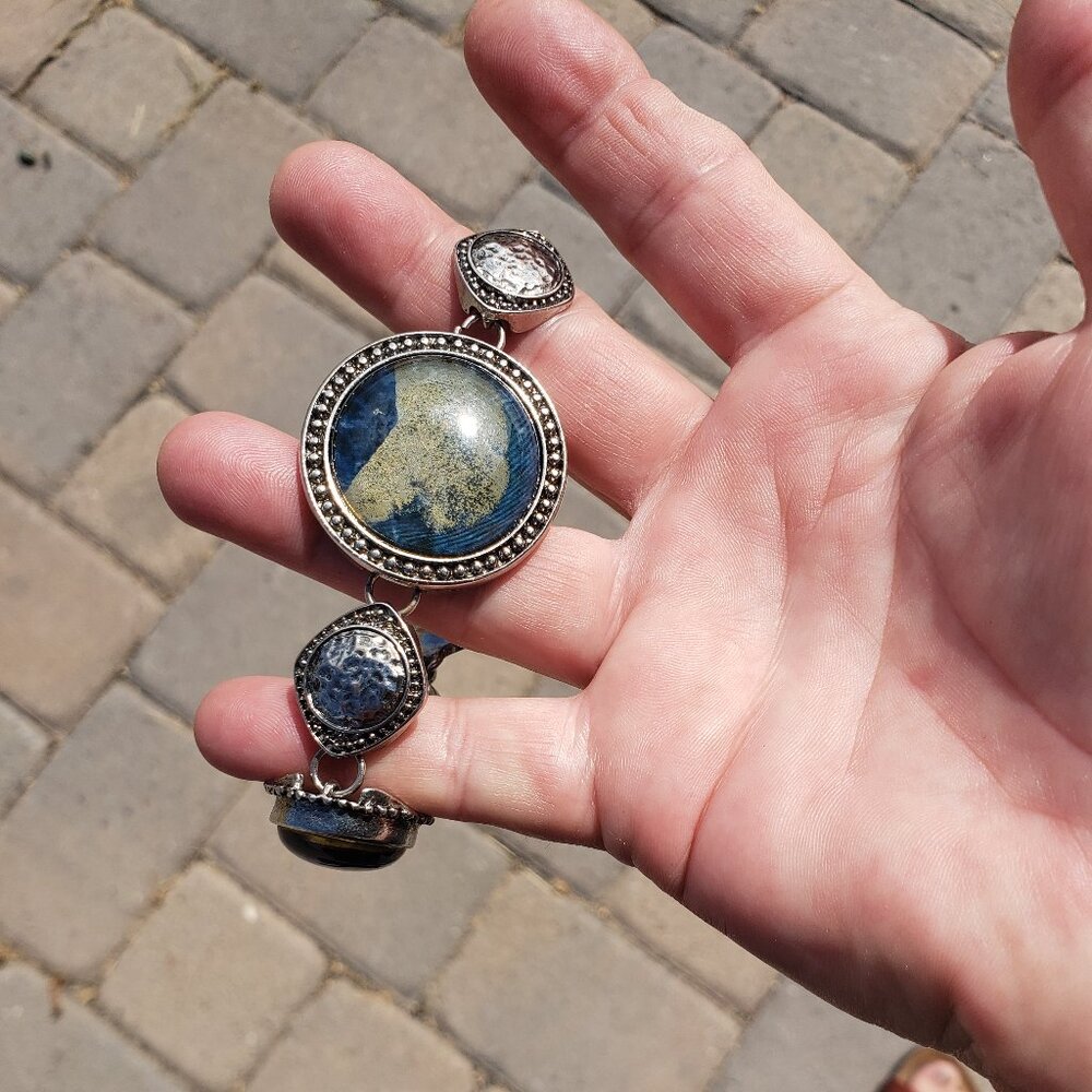 Chico's Chunky Silvertone Bracelet with Blue Stones